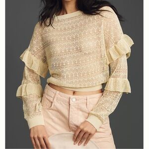 By Anthropologie Sheer Open-Stitch Ruffle Pullover Sweater